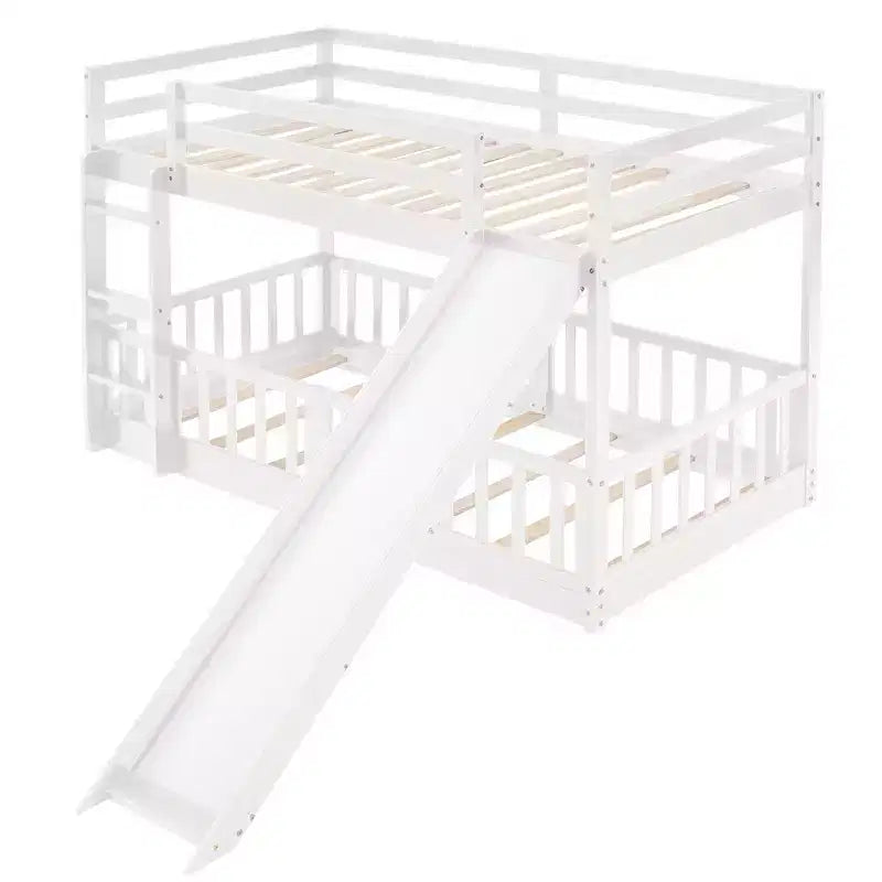 Whisen Twin Over Twin Bunk Bed & Bed Frame with Slide and Ladder, Full-length Guardrail, Solid Wood Frame