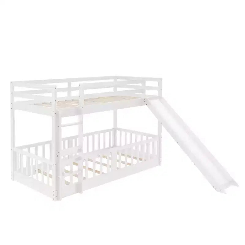 Whisen Twin Over Twin Bunk Bed & Bed Frame with Slide and Ladder, Full-length Guardrail, Solid Wood Frame
