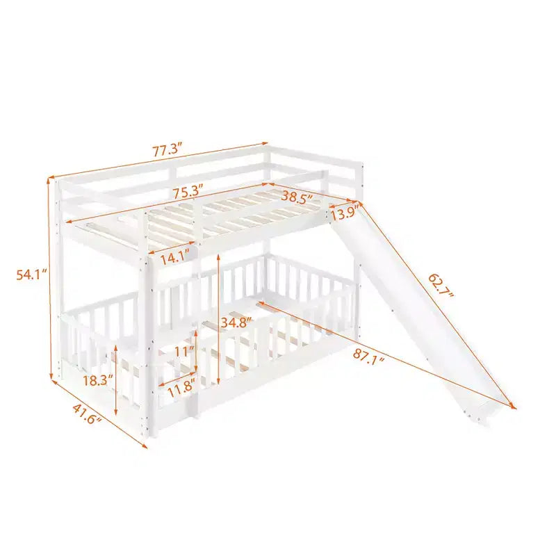 Whisen Twin Over Twin Bunk Bed & Bed Frame with Slide and Ladder, Full-length Guardrail, Solid Wood Frame