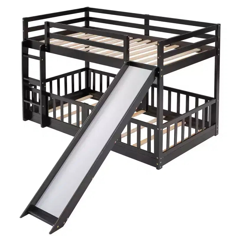 Whisen Twin Over Twin Bunk Bed & Bed Frame with Slide and Ladder, Full-length Guardrail, Solid Wood Frame