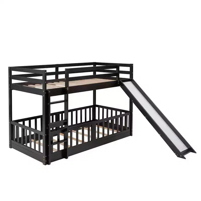 Whisen Twin Over Twin Bunk Bed & Bed Frame with Slide and Ladder, Full-length Guardrail, Solid Wood Frame