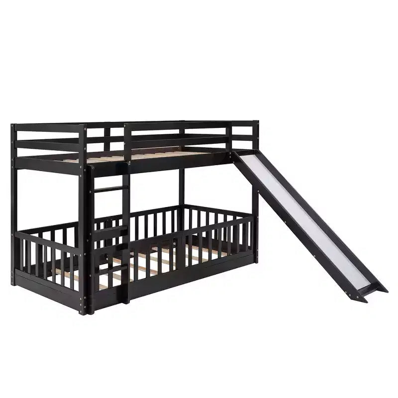 Whisen Twin Over Twin Bunk Bed & Bed Frame with Slide and Ladder, Full-length Guardrail, Solid Wood Frame