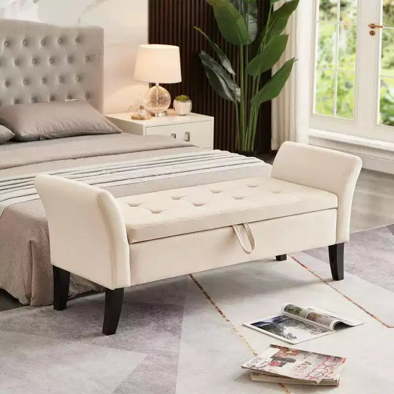 TUYOHW Rectangle Storage Bench,51.5 End of Bed Ottoman Bench with Solid Wood Legs,Velvet Ottoman for Living Room,Bedroom,Entryway,Beige