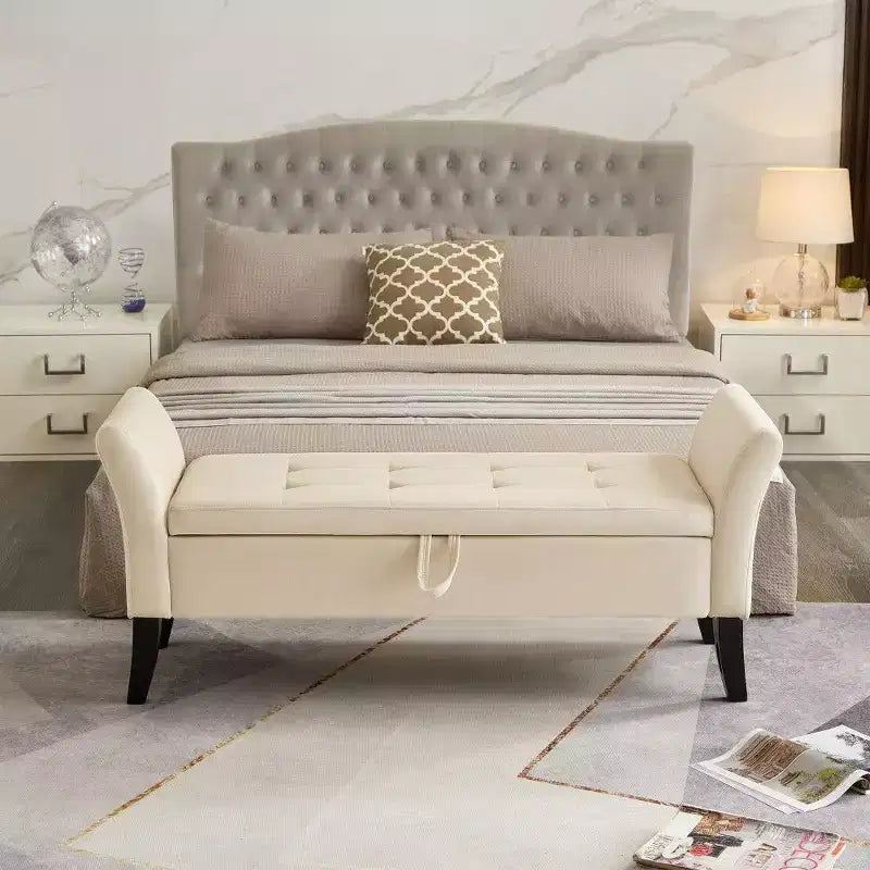 TUYOHW Rectangle Storage Bench,51.5 End of Bed Ottoman Bench with Solid Wood Legs,Velvet Ottoman for Living Room,Bedroom,Entryway,Beige