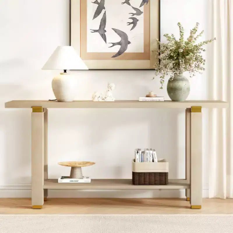 62.9 Modern Minimalist Console Table, Wood Entryway Table with Shelf and Metal Accents for Hallway, Living Room or Behind Sofa - Panipeachy
