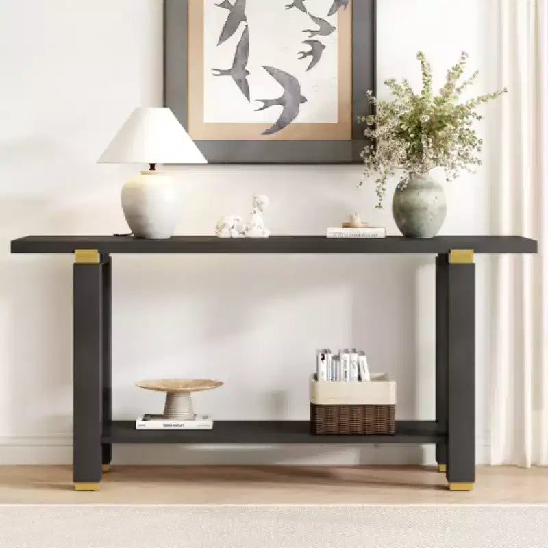 62.9 Modern Minimalist Console Table, Wood Entryway Table with Shelf and Metal Accents for Hallway, Living Room or Behind Sofa - Panipeachy