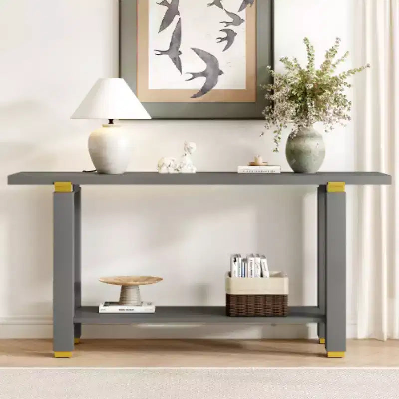 62.9 Modern Minimalist Console Table, Wood Entryway Table with Shelf and Metal Accents for Hallway, Living Room or Behind Sofa - Panipeachy