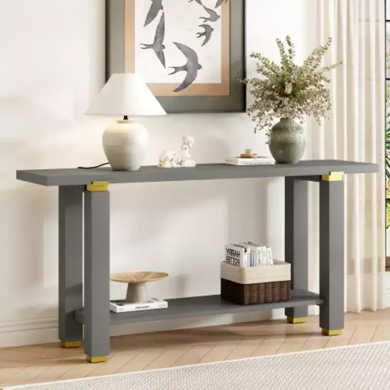 62.9 Modern Minimalist Console Table, Wood Entryway Table with Shelf and Metal Accents for Hallway, Living Room or Behind Sofa - Panipeachy