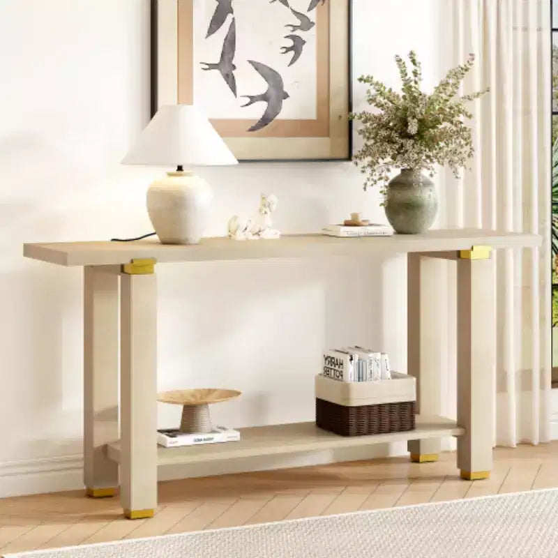 62.9 Modern Minimalist Console Table, Wood Entryway Table with Shelf and Metal Accents for Hallway, Living Room or Behind Sofa - Panipeachy