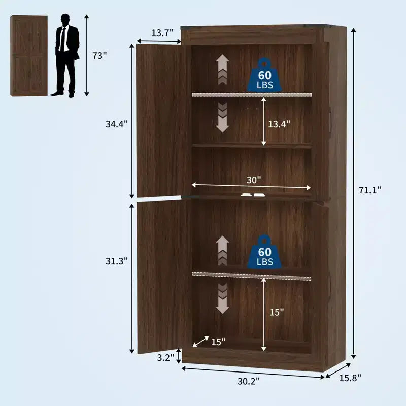 71 Tall Kitchen Pantry Cabinet, Farmhouse Large Wood Storage Cabinet with 4 Barn Doors Adjustable Shelves for Dining Room Living Room