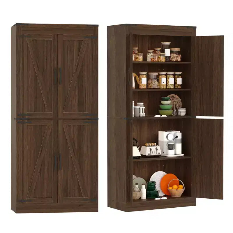 71 Tall Kitchen Pantry Cabinet, Farmhouse Large Wood Storage Cabinet with 4 Barn Doors Adjustable Shelves for Dining Room Living Room