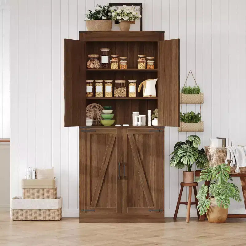 71 Tall Kitchen Pantry Cabinet, Farmhouse Large Wood Storage Cabinet with 4 Barn Doors Adjustable Shelves for Dining Room Living Room