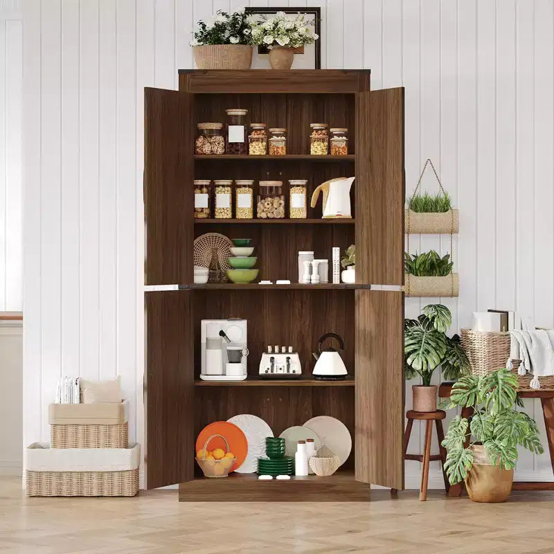71 Tall Kitchen Pantry Cabinet, Farmhouse Large Wood Storage Cabinet with 4 Barn Doors Adjustable Shelves for Dining Room Living Room