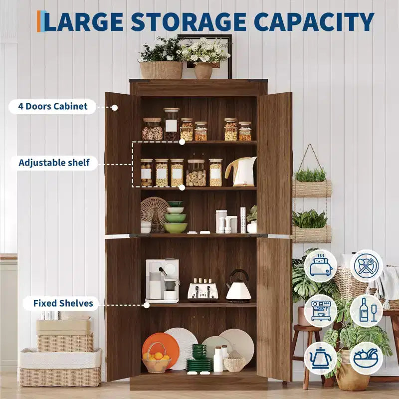 71 Tall Kitchen Pantry Cabinet, Farmhouse Large Wood Storage Cabinet with 4 Barn Doors Adjustable Shelves for Dining Room Living Room