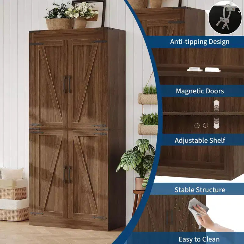 71 Tall Kitchen Pantry Cabinet, Farmhouse Large Wood Storage Cabinet with 4 Barn Doors Adjustable Shelves for Dining Room Living Room