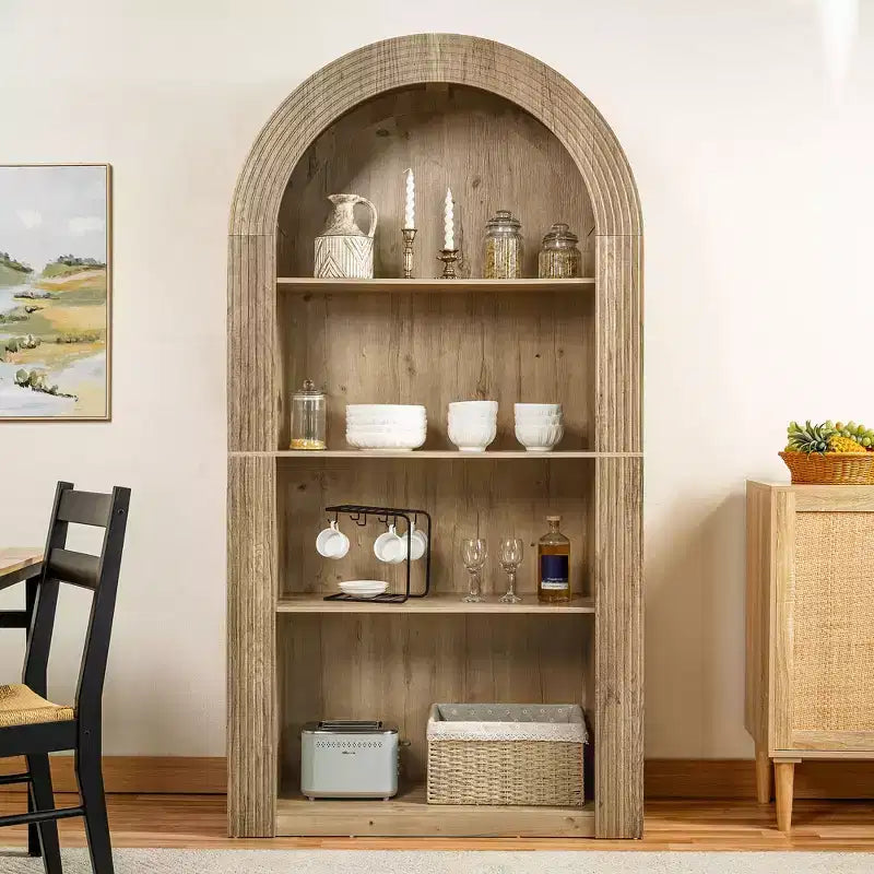 Okak Mid Century 4 Tier Tall Arched Bookshelf Cabinet,Wooden Display Bookcase Open Storage Rack for Office,Living Room