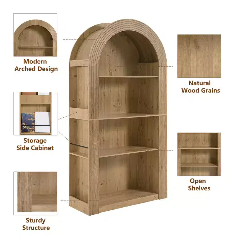 Okak Mid Century 4 Tier Tall Arched Bookshelf Cabinet,Wooden Display Bookcase Open Storage Rack for Office,Living Room