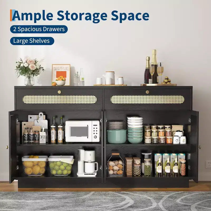 60'' Rattan Sideboard Cabinet with 2 Drawers and 4 Rattan Doors, Buffet Cabinet with Adjustable Shelves for Dining Room, Living Room and EntryWay