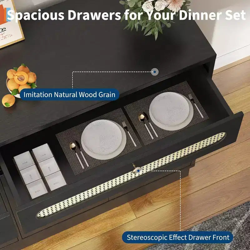 60'' Rattan Sideboard Cabinet with 2 Drawers and 4 Rattan Doors, Buffet Cabinet with Adjustable Shelves for Dining Room, Living Room and EntryWay