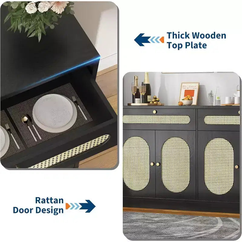 60'' Rattan Sideboard Cabinet with 2 Drawers and 4 Rattan Doors, Buffet Cabinet with Adjustable Shelves for Dining Room, Living Room and EntryWay