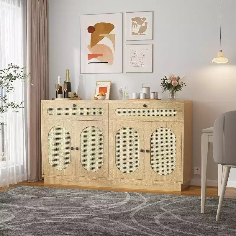 60'' Rattan Sideboard Cabinet with 2 Drawers and 4 Rattan Doors, Buffet Cabinet with Adjustable Shelves for Dining Room, Living Room and EntryWay