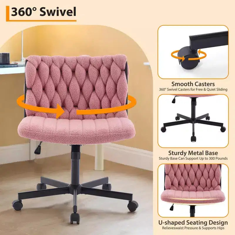 Wide Desk Chair, Criss Cross Chair with Rocking Function & Adjustable Height, Comfy Swivel Armless Chair