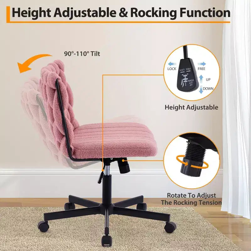 Wide Desk Chair, Criss Cross Chair with Rocking Function & Adjustable Height, Comfy Swivel Armless Chair