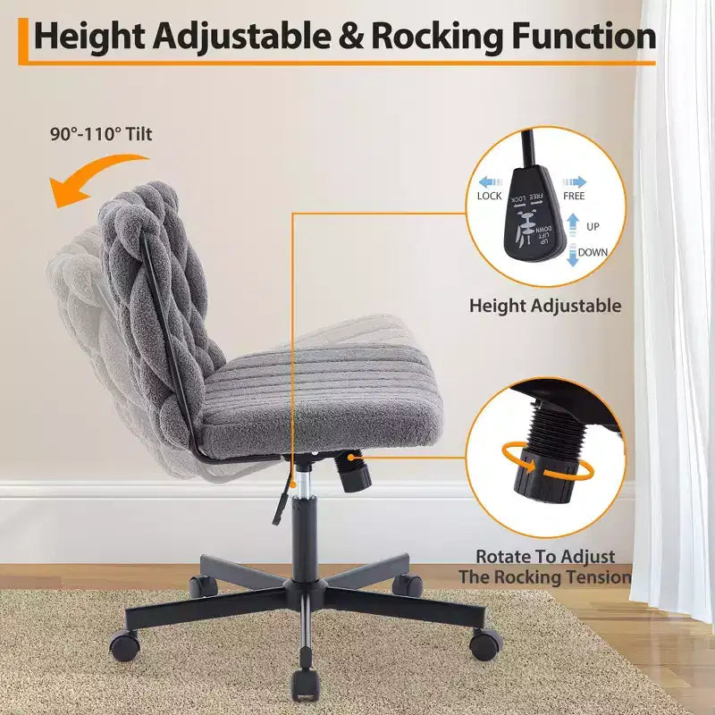 Wide Desk Chair, Criss Cross Chair with Rocking Function & Adjustable Height, Comfy Swivel Armless Chair