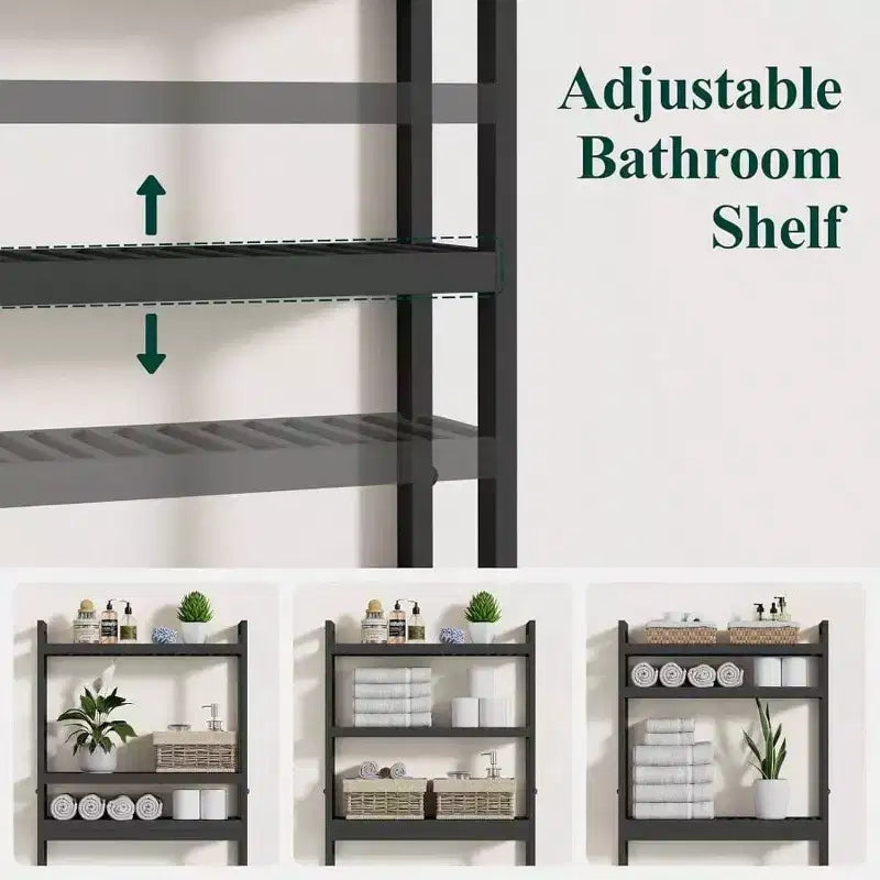 Over Toilet Storage Cabinet 3 Tier Bathroom Organizers with Adjustable Shelf 4 Hooks Space Saving Black Shelf Rack