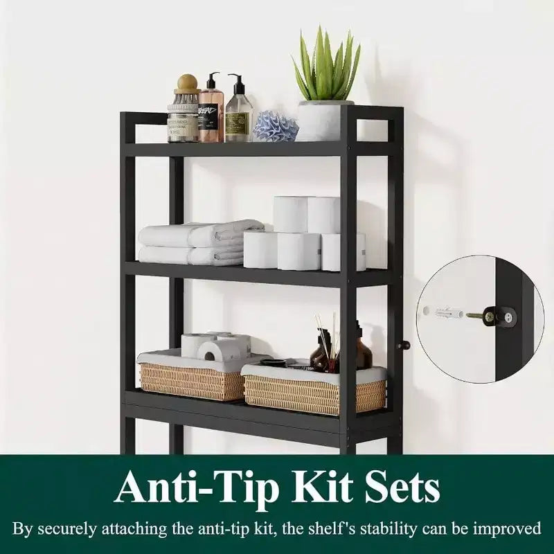 Over Toilet Storage Cabinet 3 Tier Bathroom Organizers with Adjustable Shelf 4 Hooks Space Saving Black Shelf Rack