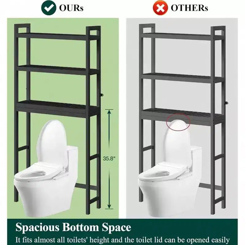 Over Toilet Storage Cabinet 3 Tier Bathroom Organizers with Adjustable Shelf 4 Hooks Space Saving Black Shelf Rack