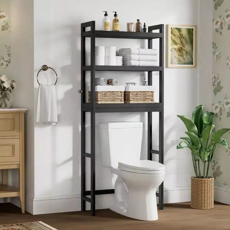 Over Toilet Storage Cabinet 3 Tier Bathroom Organizers with Adjustable Shelf 4 Hooks Space Saving Black Shelf Rack