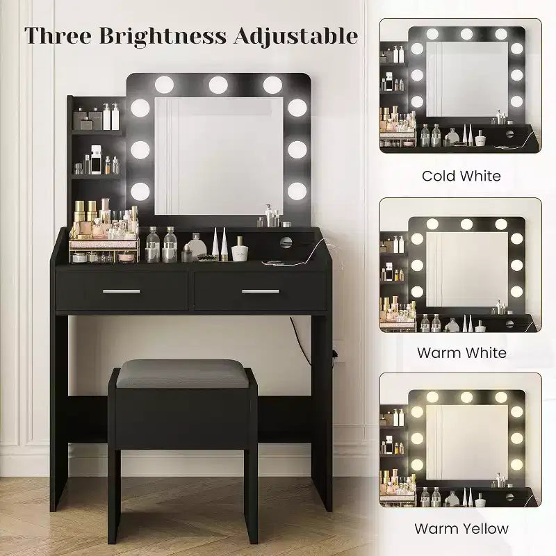 Vanity Desk with Mirror and Lights for Bedroom,Makeup Table with 2 Drawers,3 Light Modes & Dimmable LEDVanity Desk with Mirror and Lights for Bedroom