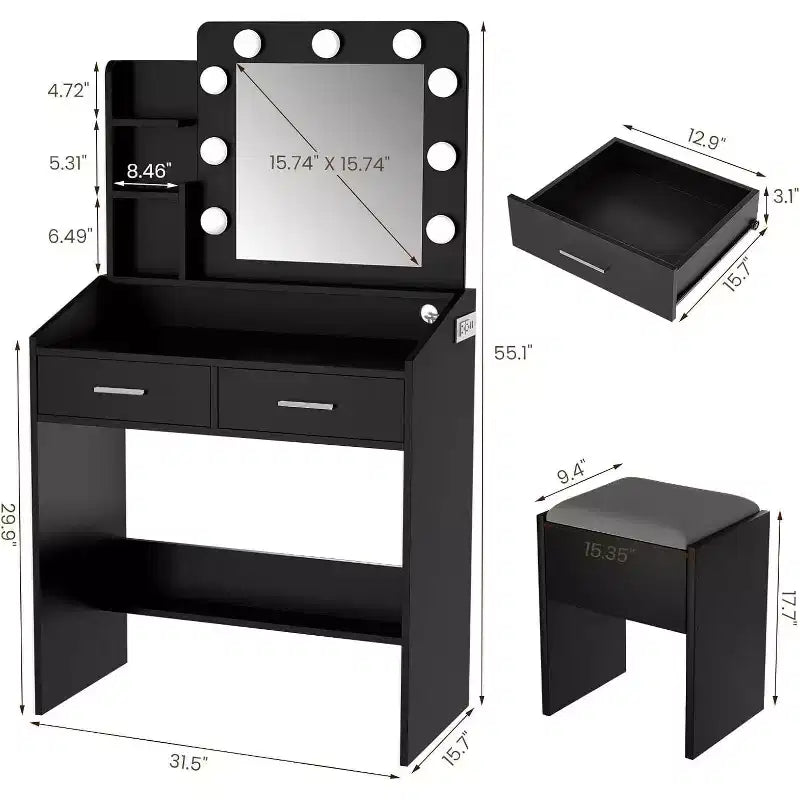 Vanity Desk with Mirror and Lights for Bedroom,Makeup Table with 2 Drawers,3 Light Modes & Dimmable LEDVanity Desk with Mirror and Lights for Bedroom