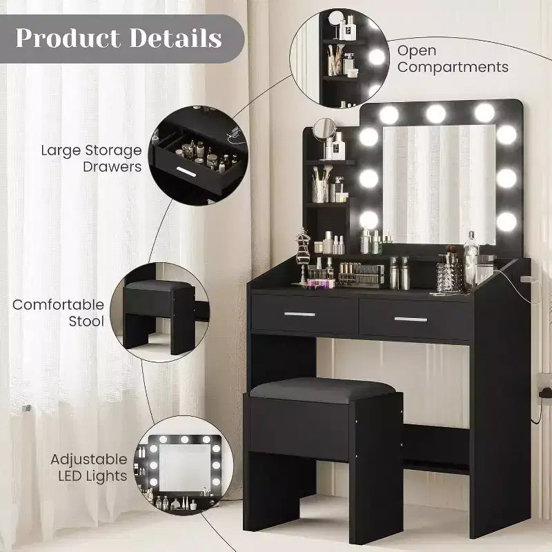 Vanity Desk with Mirror and Lights for Bedroom,Makeup Table with 2 Drawers,3 Light Modes & Dimmable LEDVanity Desk with Mirror and Lights for Bedroom