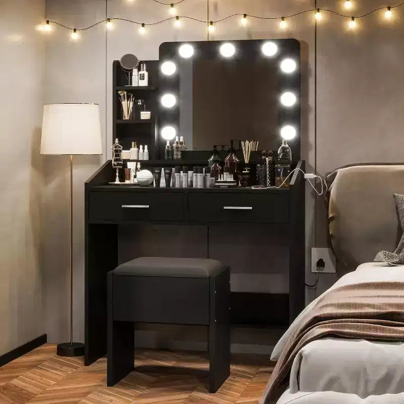 Vanity Desk with Mirror and Lights for Bedroom,Makeup Table with 2 Drawers,3 Light Modes & Dimmable LEDVanity Desk with Mirror and Lights for Bedroom