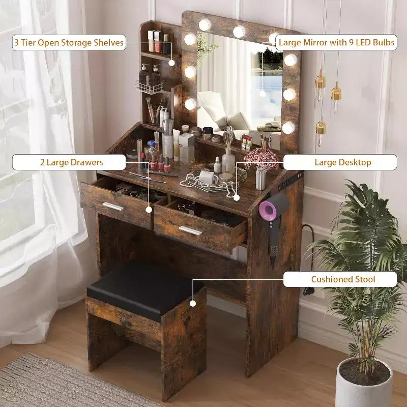Vanity Desk with Mirror and Lights for Bedroom,Makeup Table with 2 Drawers,3 Light Modes & Dimmable LEDVanity Desk with Mirror and Lights for Bedroom