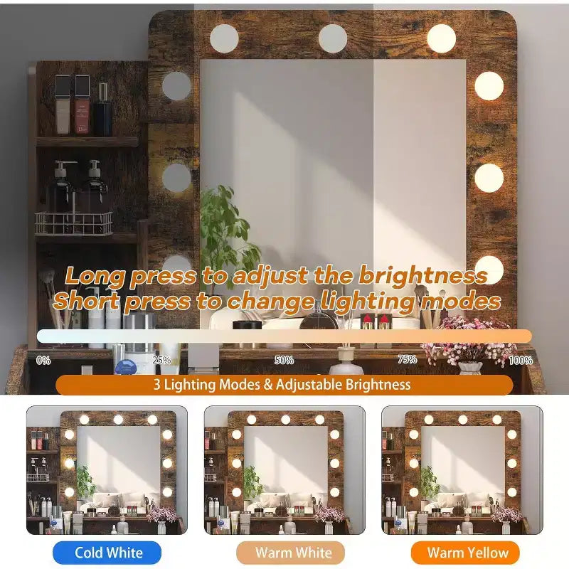 Vanity Desk with Mirror and Lights for Bedroom,Makeup Table with 2 Drawers,3 Light Modes & Dimmable LEDVanity Desk with Mirror and Lights for Bedroom