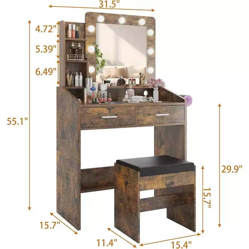 Vanity Desk with Mirror and Lights for Bedroom,Makeup Table with 2 Drawers,3 Light Modes & Dimmable LEDVanity Desk with Mirror and Lights for Bedroom