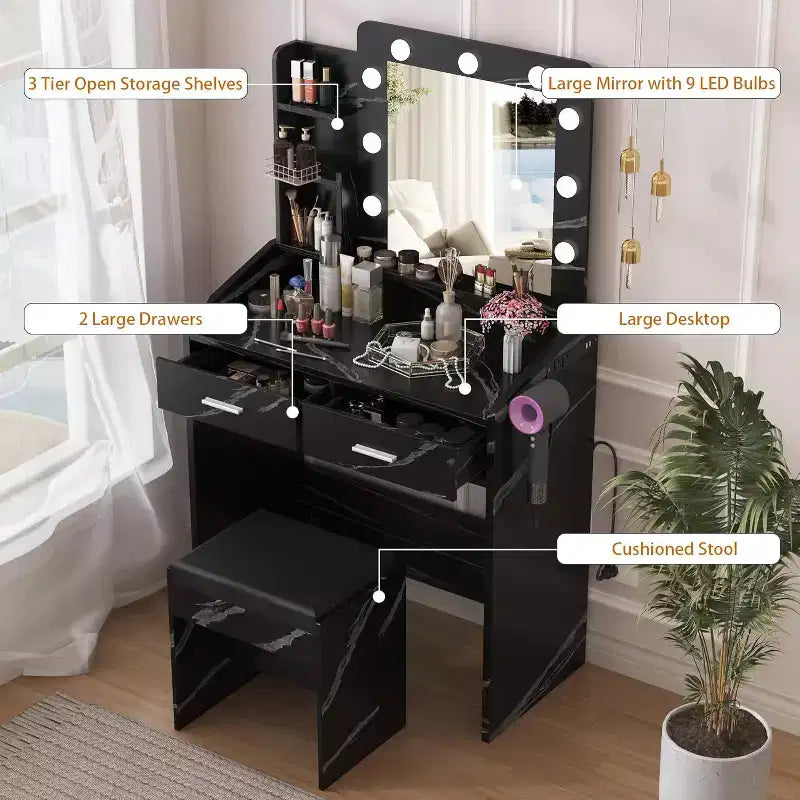 Vanity Desk with Mirror and Lights for Bedroom,Makeup Table with 2 Drawers,3 Light Modes & Dimmable LEDVanity Desk with Mirror and Lights for Bedroom
