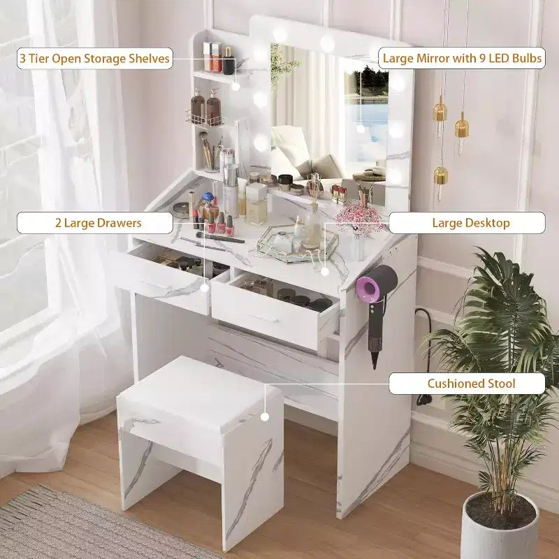 Vanity Desk with Mirror and Lights for Bedroom,Makeup Table with 2 Drawers,3 Light Modes & Dimmable LEDVanity Desk with Mirror and Lights for Bedroom