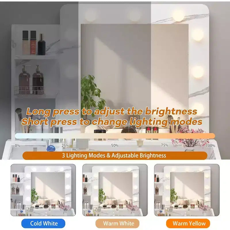 Vanity Desk with Mirror and Lights for Bedroom,Makeup Table with 2 Drawers,3 Light Modes & Dimmable LEDVanity Desk with Mirror and Lights for Bedroom