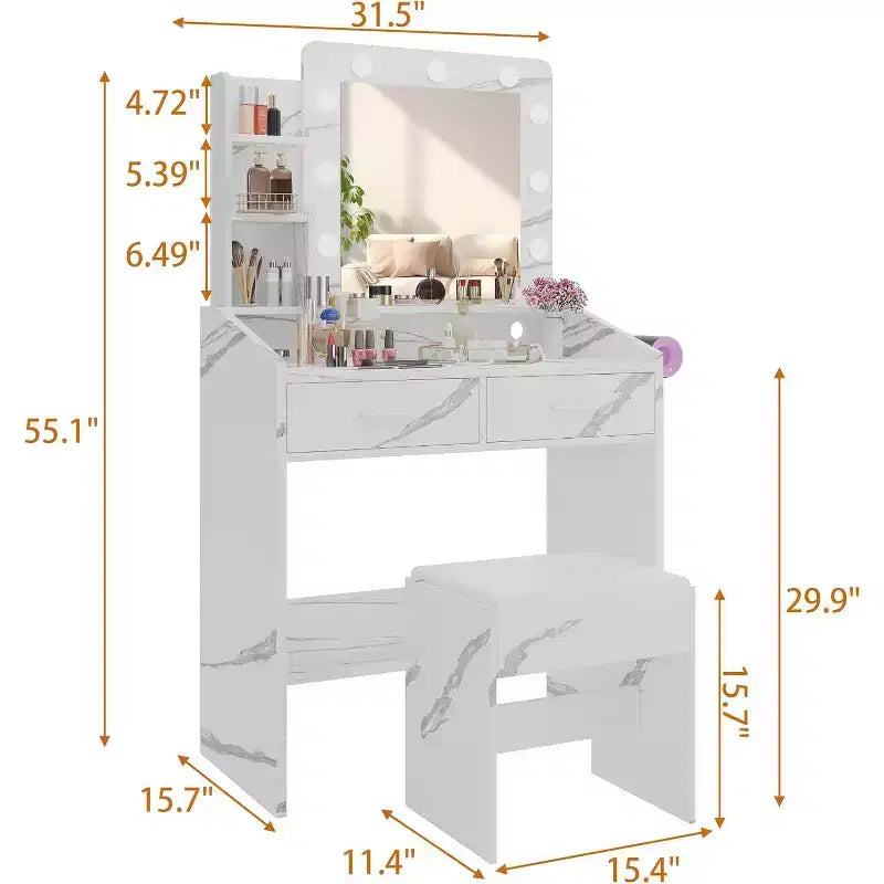 Vanity Desk with Mirror and Lights for Bedroom,Makeup Table with 2 Drawers,3 Light Modes & Dimmable LEDVanity Desk with Mirror and Lights for Bedroom