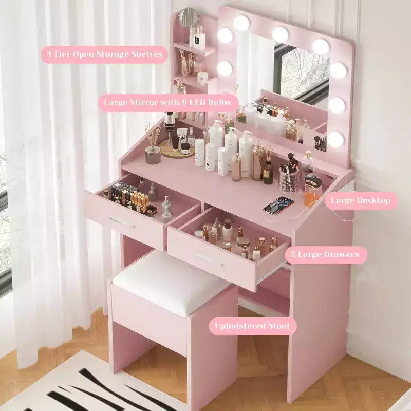 Vanity Desk with Mirror and Lights for Bedroom,Makeup Table with 2 Drawers,3 Light Modes & Dimmable LEDVanity Desk with Mirror and Lights for Bedroom