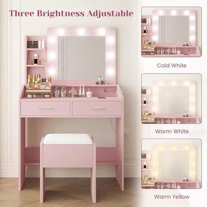Vanity Desk with Mirror and Lights for Bedroom,Makeup Table with 2 Drawers,3 Light Modes & Dimmable LEDVanity Desk with Mirror and Lights for Bedroom