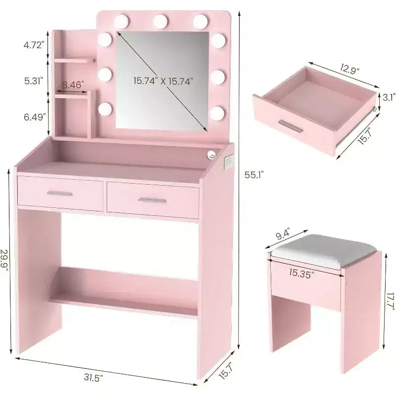 Vanity Desk with Mirror and Lights for Bedroom,Makeup Table with 2 Drawers,3 Light Modes & Dimmable LEDVanity Desk with Mirror and Lights for Bedroom