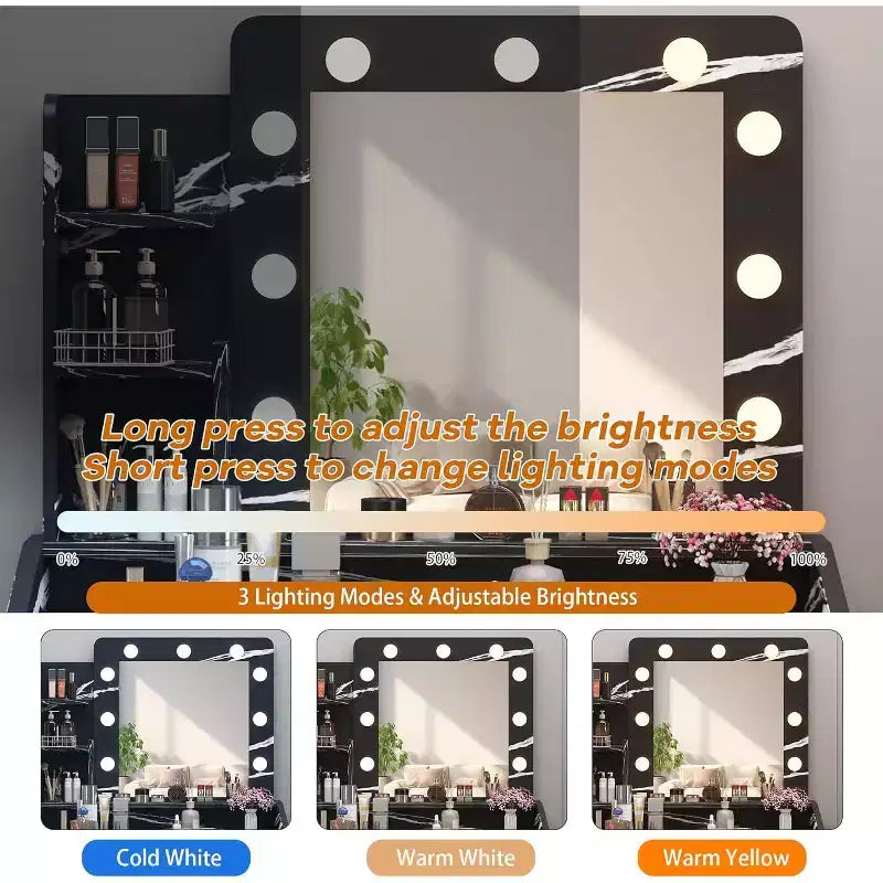 Vanity Desk with Mirror and Lights for Bedroom,Makeup Table with 2 Drawers,3 Light Modes & Dimmable LEDVanity Desk with Mirror and Lights for Bedroom