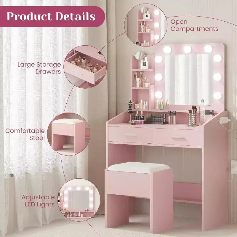 Vanity Desk with Mirror and Lights for Bedroom,Makeup Table with 2 Drawers,3 Light Modes & Dimmable LEDVanity Desk with Mirror and Lights for Bedroom
