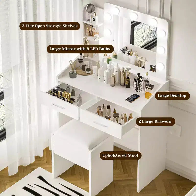 Vanity Desk with Mirror and Lights for Bedroom,Makeup Table with 2 Drawers,3 Light Modes & Dimmable LEDVanity Desk with Mirror and Lights for Bedroom