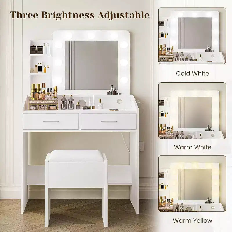 Vanity Desk with Mirror and Lights for Bedroom,Makeup Table with 2 Drawers,3 Light Modes & Dimmable LEDVanity Desk with Mirror and Lights for Bedroom